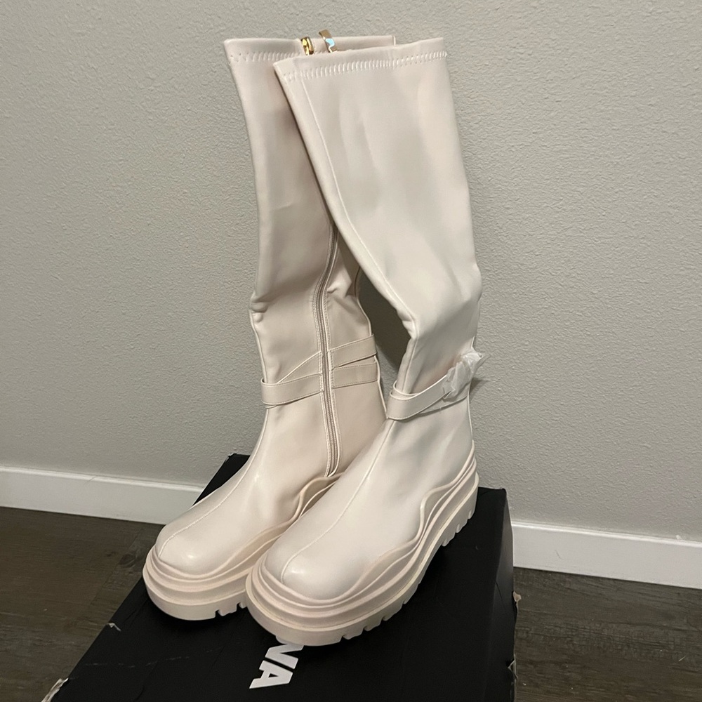 Cream Over the Knee Boots with Chunky Sole - Picture 2 of 4